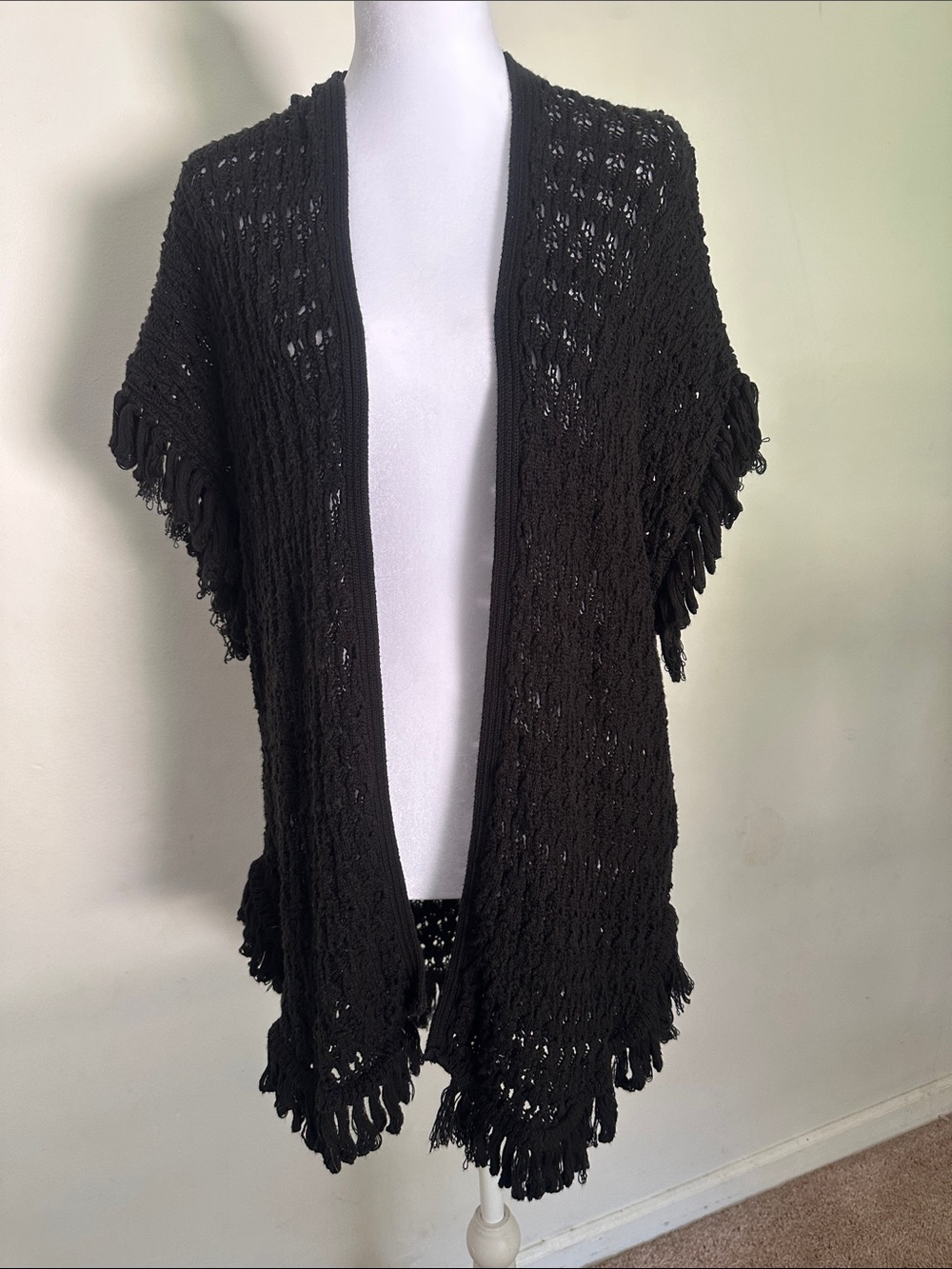 Anthropologie The Stitched Kimono Crochet Black sz L Bohemian Grunge